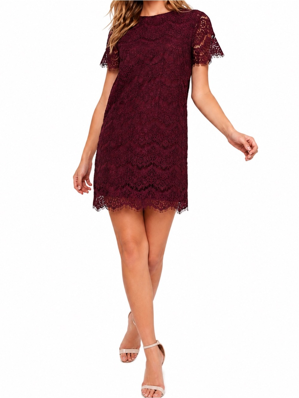 Lulus Burgundy Lace Short Sleeve Mini Dress Scalloped Trim Sheath Size S - Picture 1 of 5